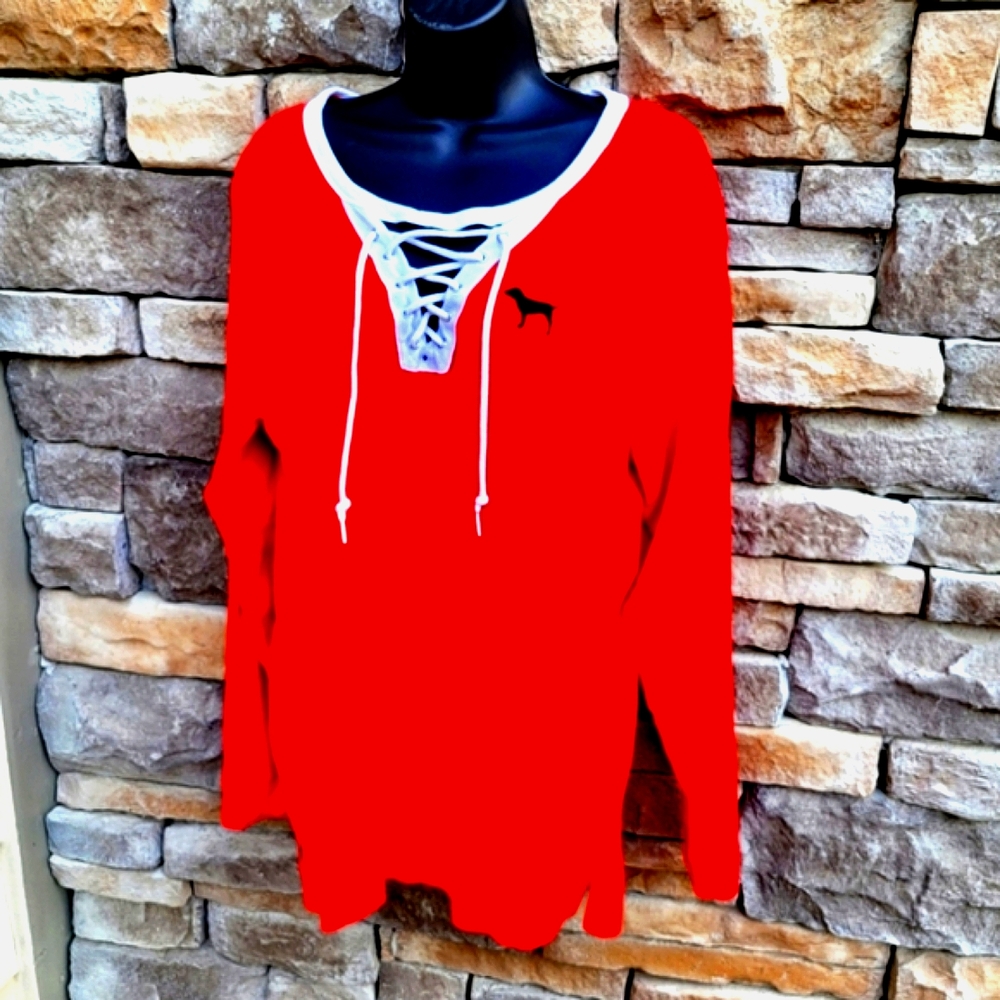 Victoria's Secret PINK (RARE) Red & Black Campus Lace-Up Long Sleeve Tee Large - Picture 5 of 5